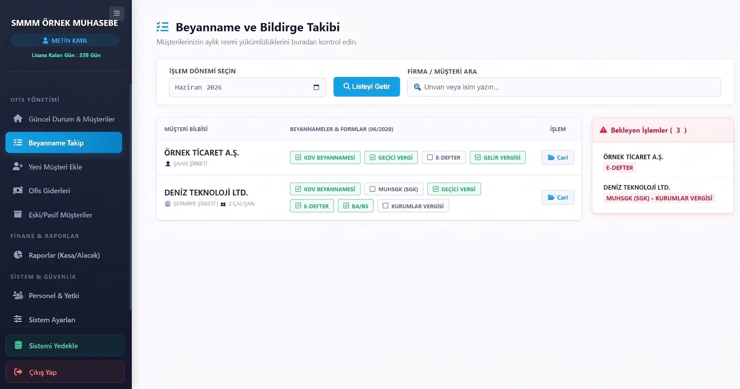 Beyanname Takip Ekranı